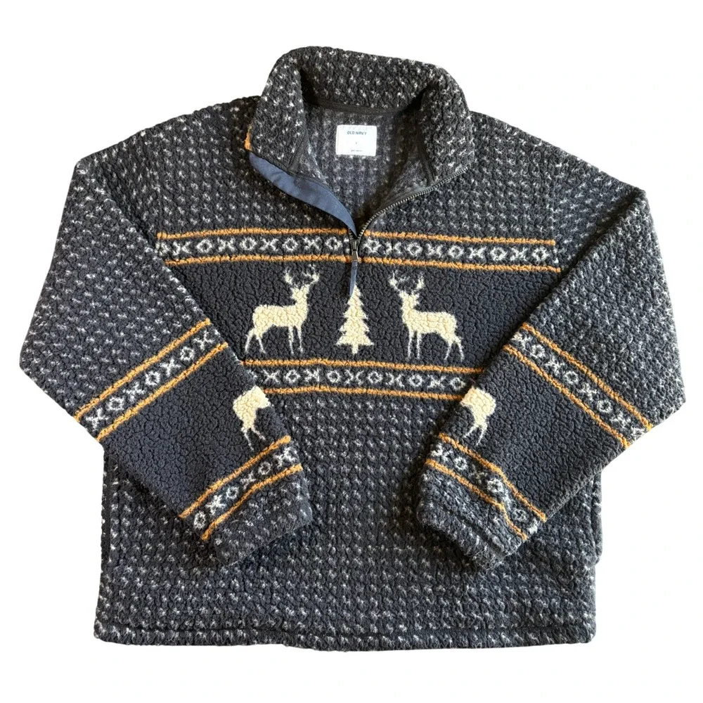 Old Navy Mens Polyester Fleece Quarter Zip Pullover Fair Isle Reindeer L Gray